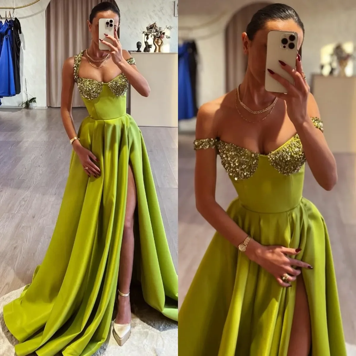 

Elegant Prom Dresses 2024 A Line Sequins Straps Evening Gowns Pleats Split Formal Long Special Occasion Party Dress فساتين سهرة