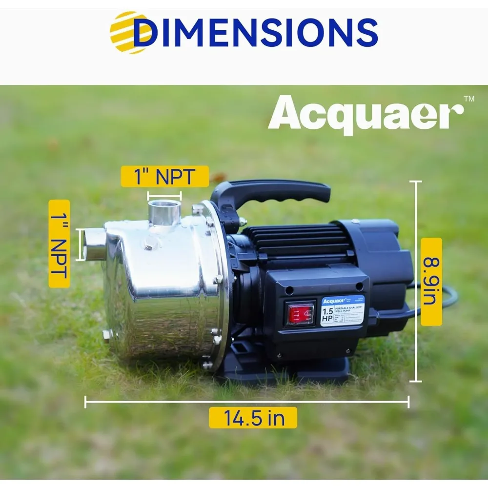 Portable 1.5 HP Stainless Steel Shallow Well Pump for Garden Irrigation, Water Transfer, and Sprinkler Systems - 1210 GPH, 115V