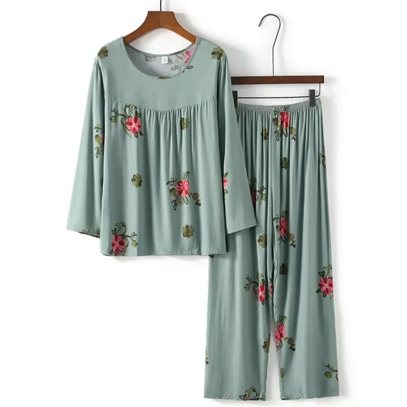 

New Summer Suit Women's Fashion Loose Print Mother Casual Cotton Pajamas Elegant Long-Sleeved Top +9 Pants Two-Piece Suit