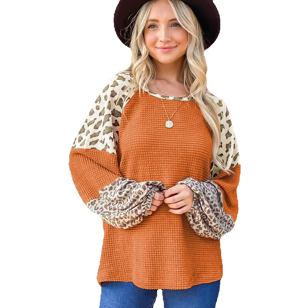

Orange Leopard Pattern Contrast Waffle Knit Top Women's Autumn New T-Shirt 25115972