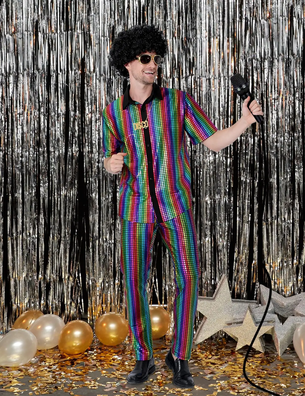 Men's Shiny Metallic Disco Party Shirt - Sparkling Short Sleeve Performance Costume