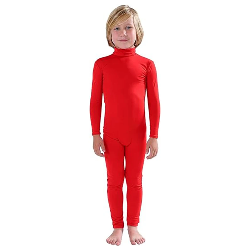Kids Boys Dance Cosplay Costume Leotard Solid Color Spandex Zentai Suit Child Long Sleeve Unitard Full Body Tight Jumpsuit
