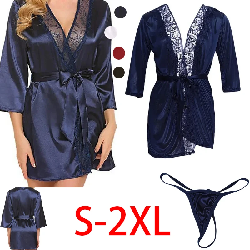 Sexy Women Lace Sleepwear Women Ladies Satin Silk Nightdress Lingerie Sleepwear Dress Robe Night Gown