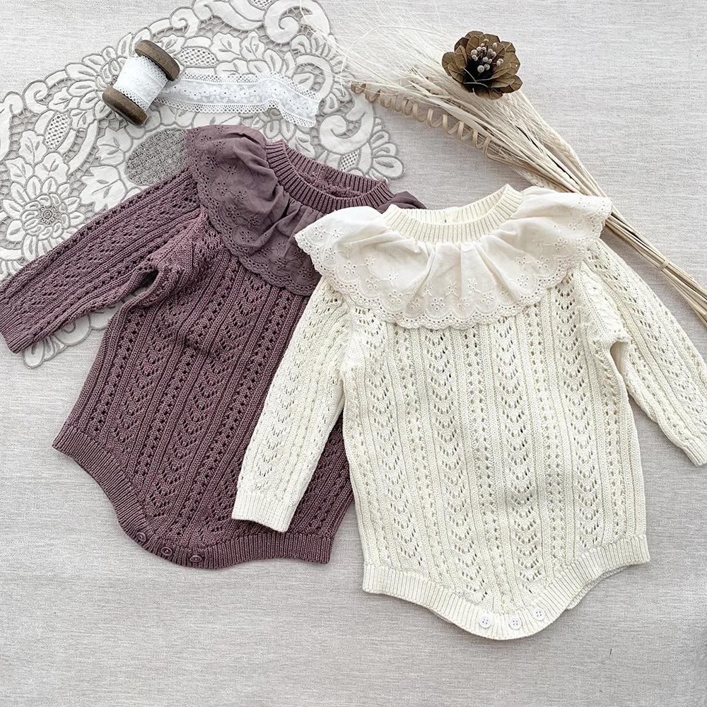 

Long Sleeve Baby Knitted Jumpsuit Ruffle Collar Baby Girl Knitting Sweater One-piece Romper Hollow Out Cotton Thin Rompers