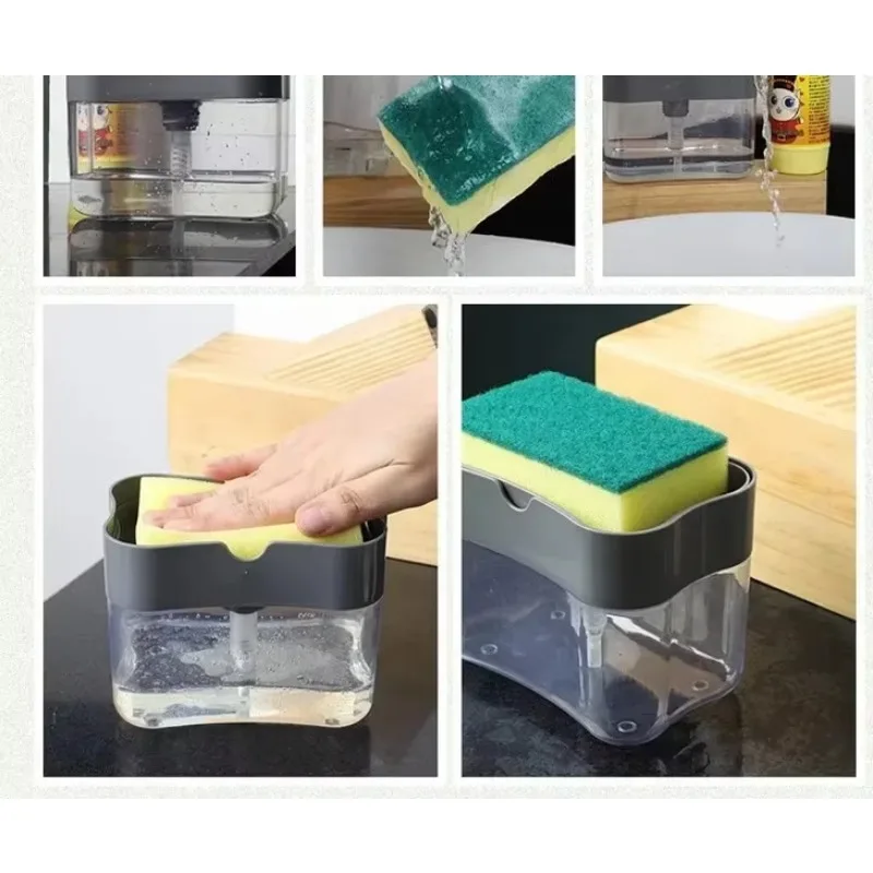 Soap Dispenser With Sponge Holder Cleaning Liquid Pump Dispenser Container Manual Press Home Bathroom Kitchen Clean Accessories