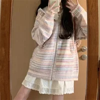 Loose Knitted Cardigan Hooded Zipper ket Rainbow adient Stripes Long Girls Sweater Open Front Casual Autumn Faion