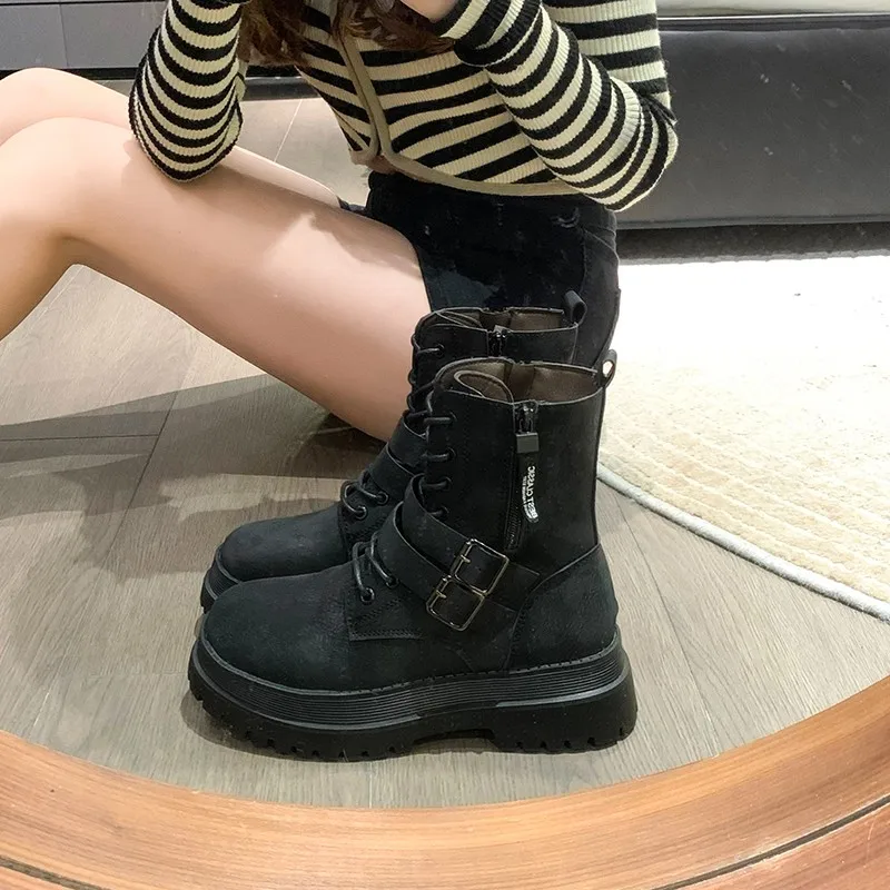 

Женская обувь 2023 высококачественные женские ботинки с ремешком и пряжкой модные повседневные ботинки с перекрестной шнуровкой женские новые ботильоны с боковой молнией