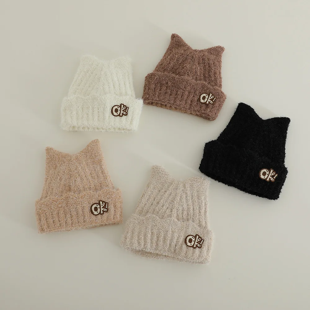 2025 New Kids Girls OK Cat Ears Hats Winter WarmKnitted Beanie Hat For Outdoor Snow Ski Cap Ages 5-12 years