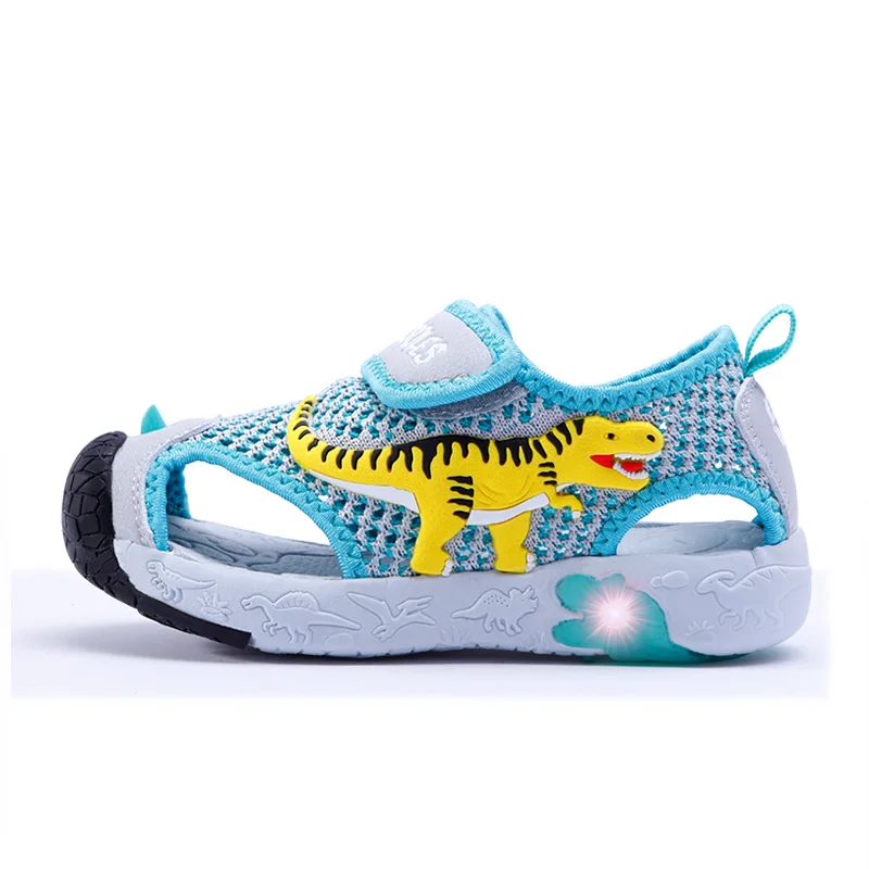 EXDINO Dinosaur LED Flashing Summer Sandals 6Y Boys Children Cut-Outs Closed Toe Fashion Little Kids Beach Shoes Anti-Slip 4