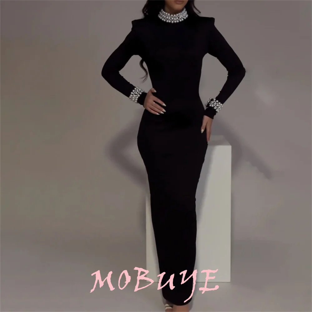 

MOBUYE 2024 Popular O Neckline Prom Dress Floor-Length With Long Sleeves Evening Fashion Elegant Party Dress For Women