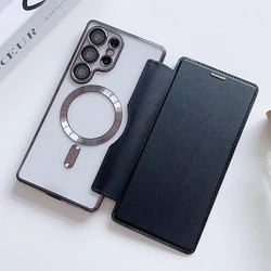 Premium Flip Cover Plating Clear Magnetic Wallet Case with Card Holder - S24 FE (Black)