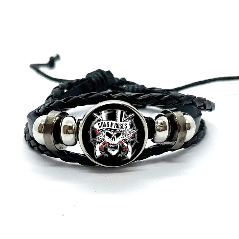 Latest Guns N Roses Rock Band Bracelet Punk Guns and Roses Band Logo Print Glass Gem Handmade Multilayer Braided Bangle Gift 5