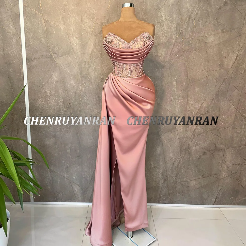 Pink Formal Party Dresses 2022 Women Strapless Mermaid Satin Elegant Evening Dress Side Split Sexy Long Lace Wedding Guest Gowns