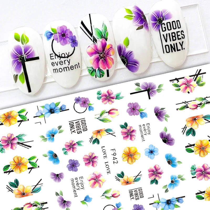 

Summer Flower Nail Art Stickers 3D Self-Adhesive Sticker Decals for Nails Lucky Grass Watercolor Floret Manicure Decoraciones