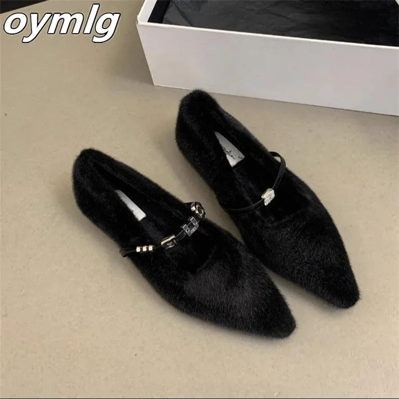 2023 Autumn/Winter New Pointed Plush Shoes Flat Sole Single Shoes Women's Comfort Plush Shoes