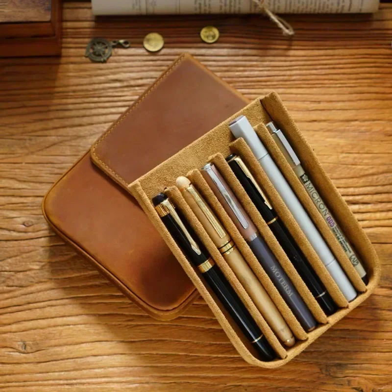 Leather Pen Box Handmade Magnetic Drawer Style Pen Storage Bag Pencil Cases Pencil Holder