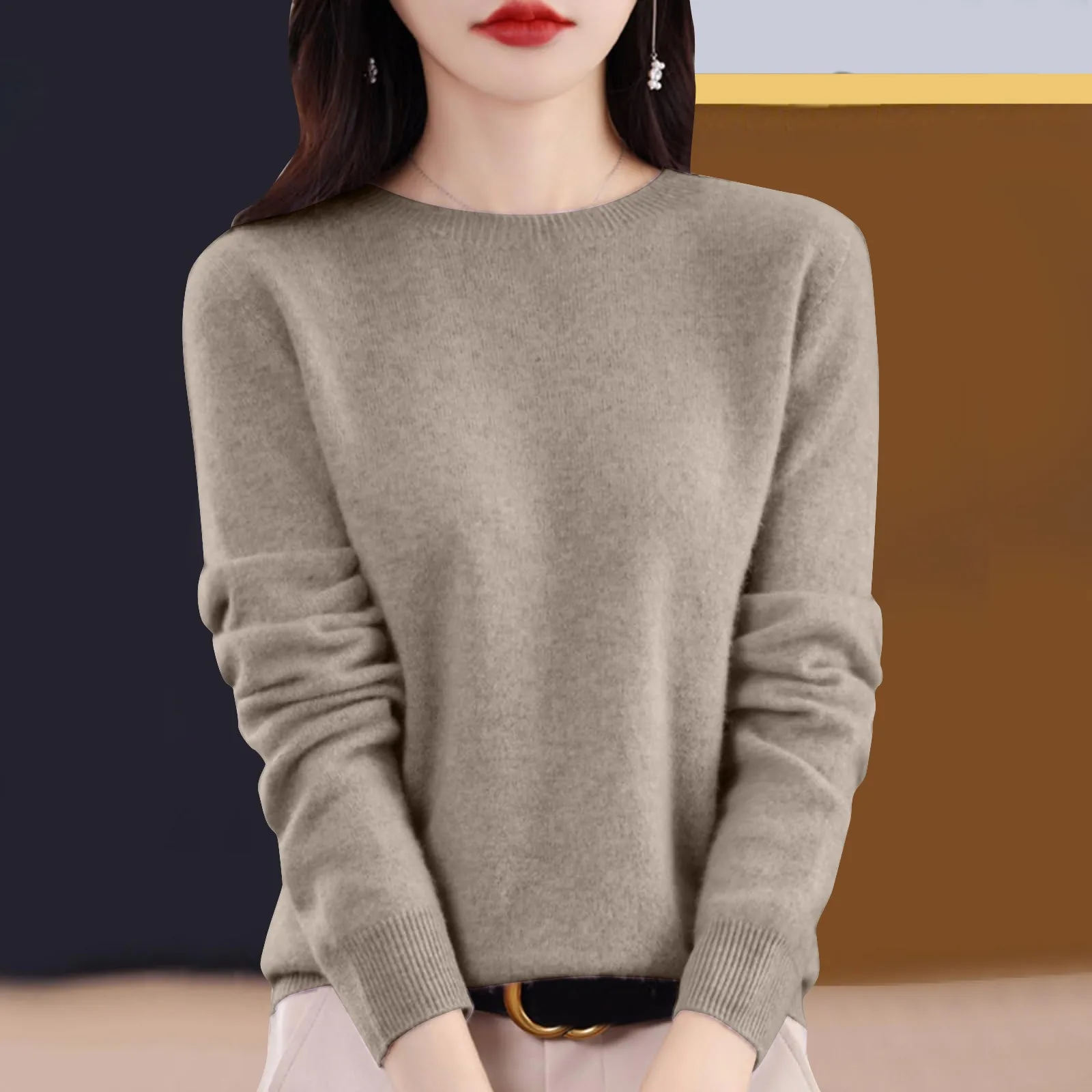 thumbnail image 1 of Suéter de cachemira de lana para mujer, jersey de primera línea con cuello redondo, suéter de punto holgado y cálido para otoño e invierno, top básico de color sólido de manga larga, 1 of 5