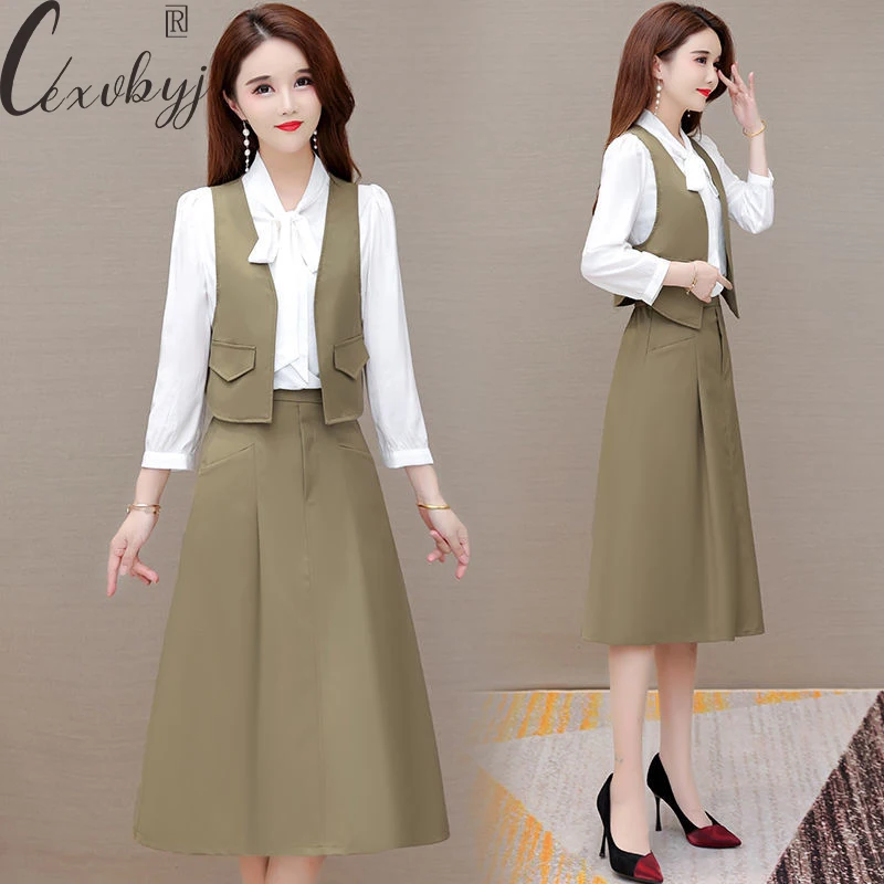 Office Lady Skirt 3 Peice Sets 2023 Autumn Women Cropped Vest+Long Sleeve Shirt +Knee-Length Skirt Outfits Korean Elegant Suit