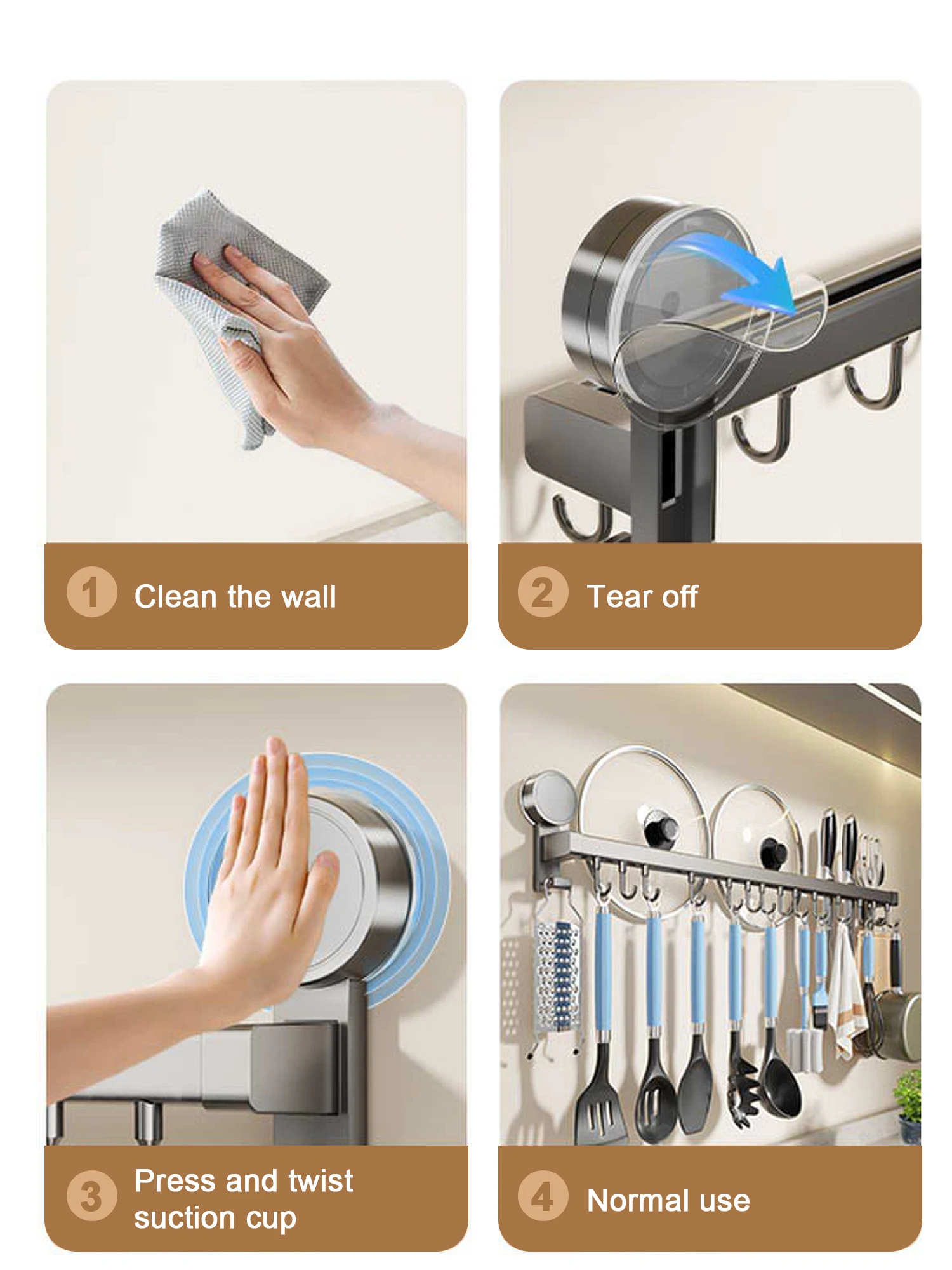 An der Wand montierte Küchenhakenleiste, lochfreie Wandaufhängerschiene, Küchenutensilienhalter, Löffel, Schaufel, Schneidebrett-Aufbewahrungsregal_voghion.com