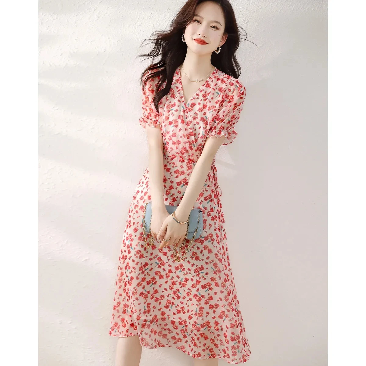 

Женское шифоновое платье с цветочным принтом, новые корейские облегающие длинные платья с V-образным вырезом, женская модная одежда, Элегантное летнее платье