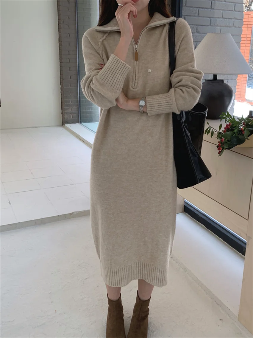 

PLAMTEE Solid Sweaters Long Dress Women Loose Daily Knitted OL New Elegant Office Lady Winter Fashion Casual Straight Gentle