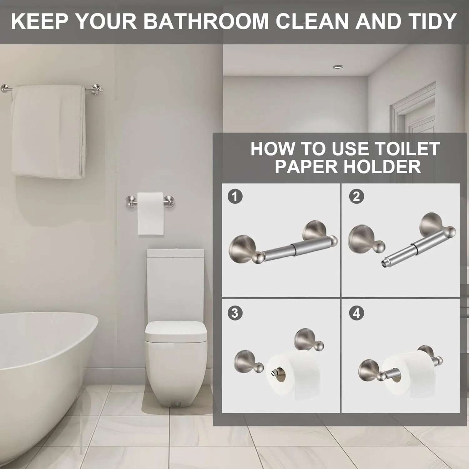 16-Pcs Bathroom Set. Adjustable Towel Bar Kit. Stainless Steel. Racks, Ring, Hooks. Wall-Mounted. Silver.