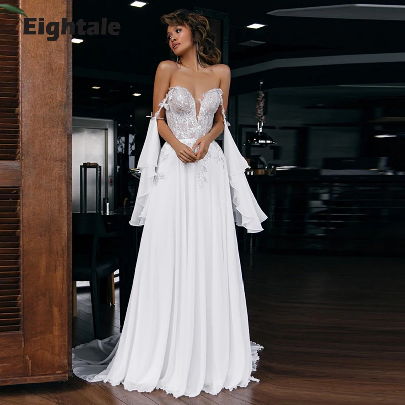 

Eightale Boho Wedding Dresses Beach Sweetheart Appliques Chiffon Bridal Gown Spaghetti Strap White Ivory vestido novia 2022