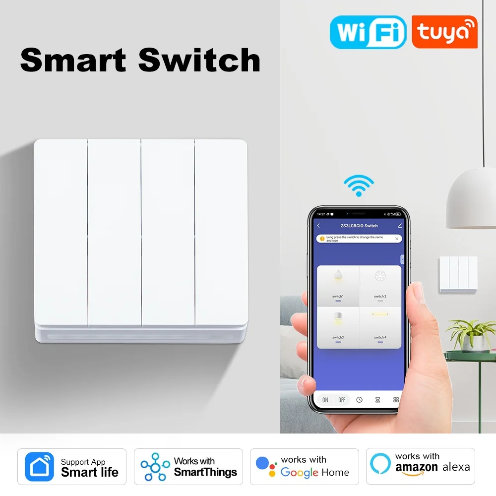 สวิตช์ไฟอัจฉริยะ WiFi แบบติดผนัง EU พร้อมปุ่มกด ต้องใช้สายสากล Tuya Smart Life ทำงานร่วมกับ Alexa Google Home 1/2/3/4 ช่อง 1