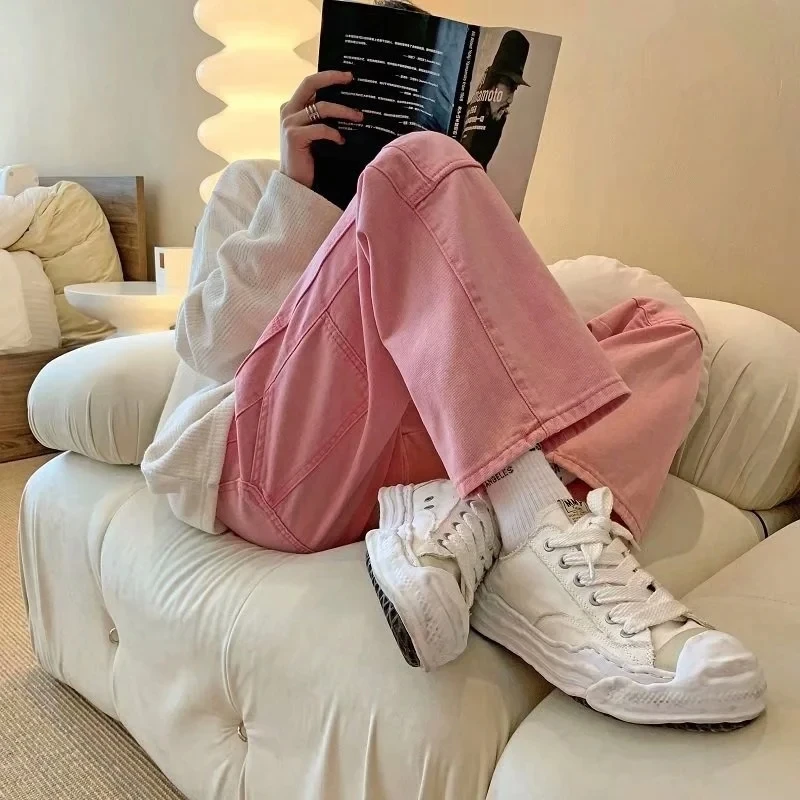 Cargo Pink Jeans Men Fashion Harajuku Casual Baggy Straight Jeans Men Streetwear Loose Hip Hop Denim Pants Mens Trousers S-3XL