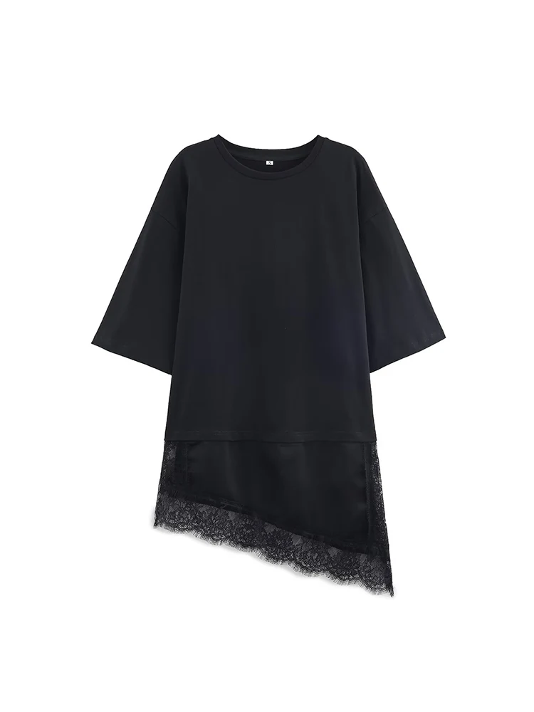  Women's Chic Lace Patchwork T-shirts Solid Color Asymmetrical Hem Casual Short Sleeve Tops 2026 New Loose Female Outfit