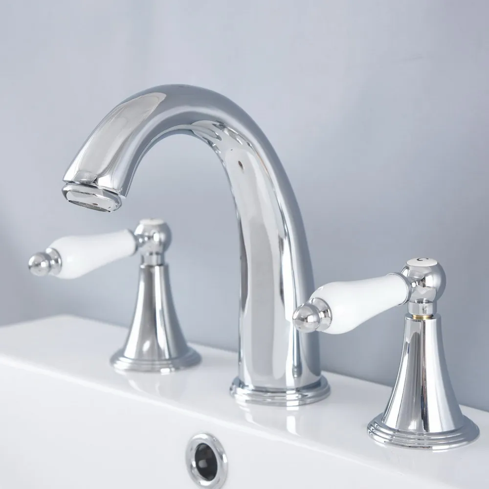 

Polished Chrome Brass Deck Mounted Dual Handles Widespread Bathroom 3 Holes Basin Faucet Mixer Water Taps mnf980