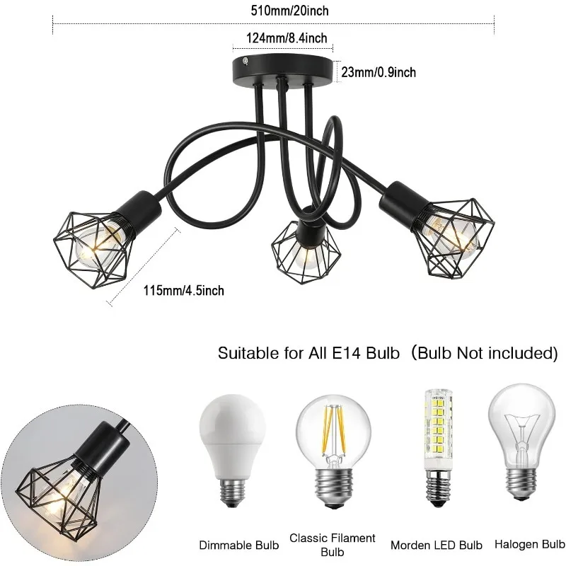 �Industrial 3-Light Aluminum Ceiling Lamp Black Cage Design Indoor Lighting for Kitchen Hall Living Room Bedroom