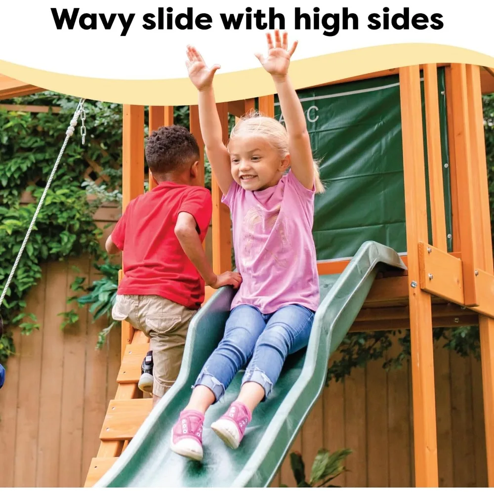 Wooden Swing Set pre-treated with a water-based stain that includes UV and mold protection to hold up against the elements 4