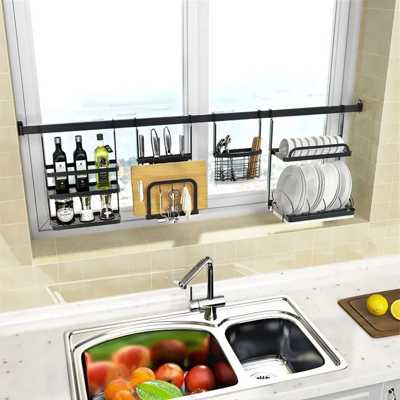 Stainless Steel Dish Rack Kitchen Window Sill Window Black Storage Rack Wall Hanging Punch-free Dish Storage Hanger Pendant