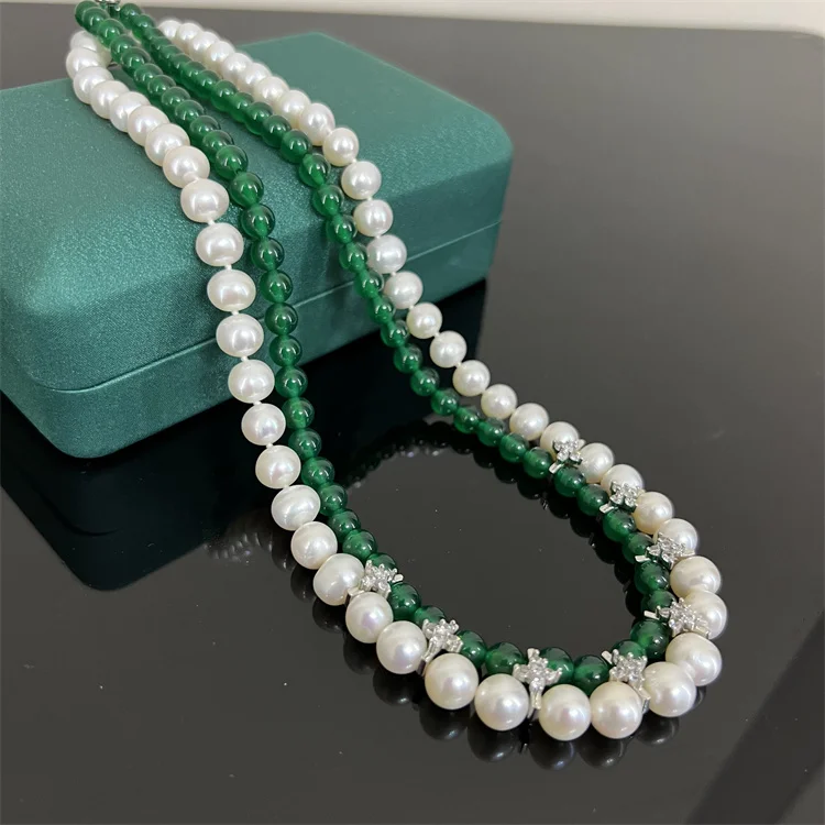 2 Strands Natural freshwater pearl green agate necklace