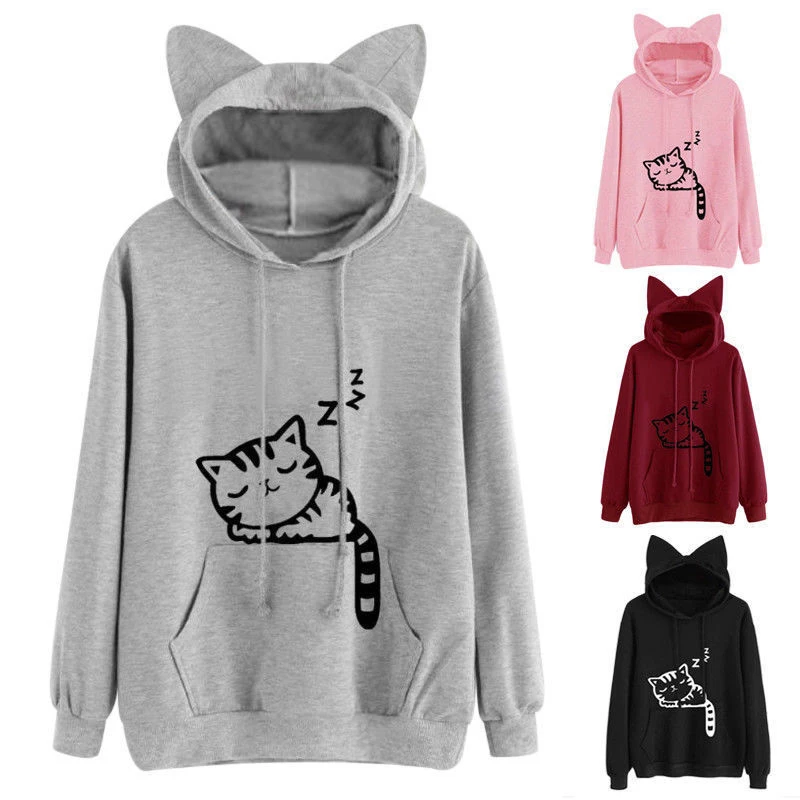

Women Cute Ears Pullover Hoodie Sweatshirts Loose Thermal Hooded Top with Adjustable Drawstring Tops Autumn Spring Female New