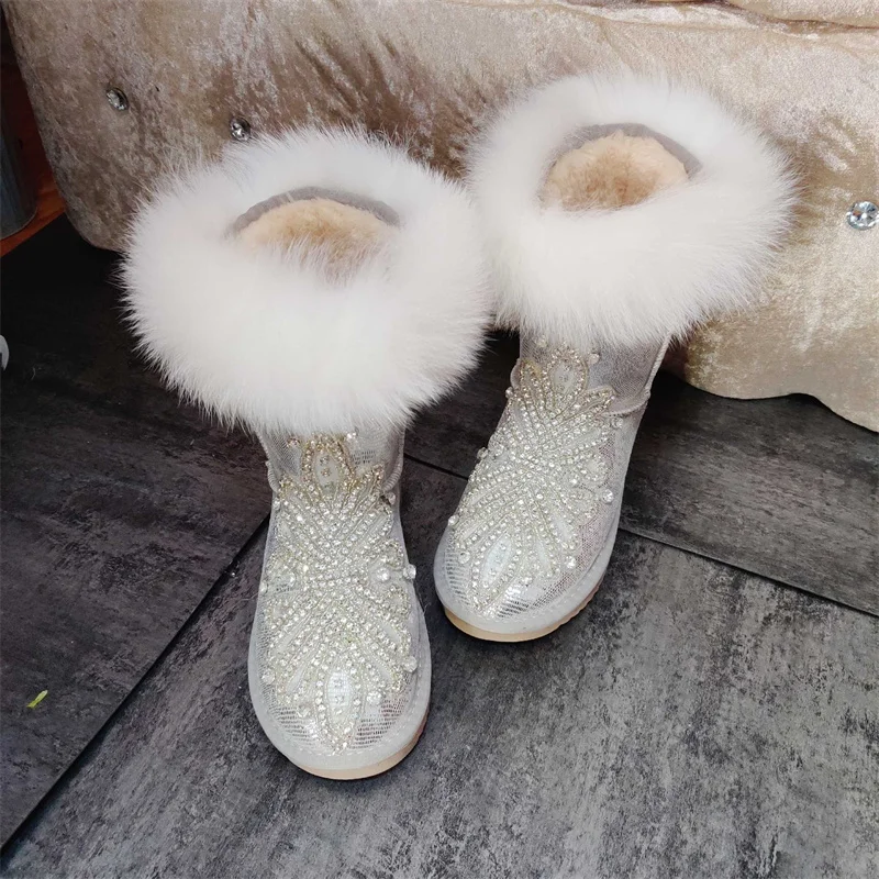 Beige mid-tube fox hair rhinodrill sequin accessories custom style and calf  uggs large size women's boots 35-44 - AliExpress