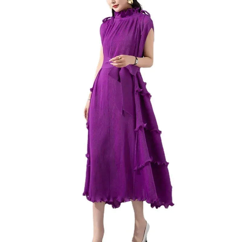 

Miyake Pleated Women's Ruffled Lace Dress Solid Luxury Female Short Sleeve With Long Socks Vintage 2023 Summer New Fashion