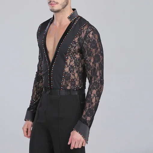 Men Latin Dance Lace Garment Dance Waltz Ballroom Garment Performance Latin Man Shirts Tops
