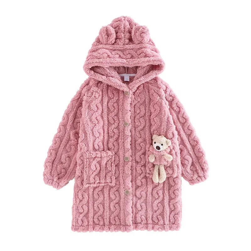 Children Sleeping Sleepwear Shower Robe Long Sleeve Hooded Lovely Bear Bathrobes Flannel Pajama Girl Princess Clothing