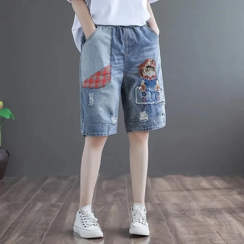 

Pasting Cloth Embroidery Denim Short Pants For Women Jeans Summer New High Waist Elastic Versatile PANTS Female Shorts