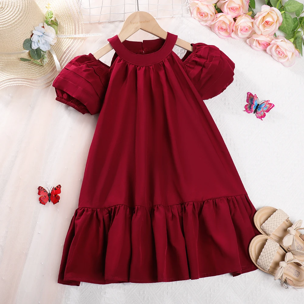 Melario Summer Dress New Girls Edizione Coreana Manica A Bolle Hollow Solid Cotton Ruffle Dress Abito Moda Casual Per Bambini