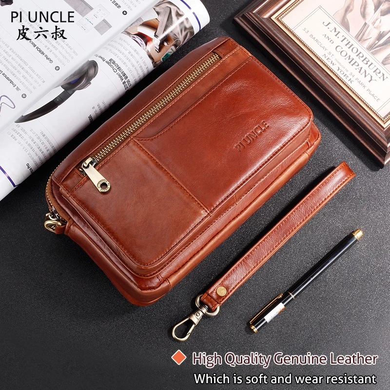 

Genuine Leather Men's Long Clutch Wallet Oil Wax Cowhide Purse Wrist Handy Bags Vintage Cards Holder Cell Phone Case Money Bag
