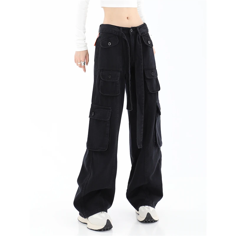 Повседневные джинсы-карго с высокой талией, винтажные черные свободные ...