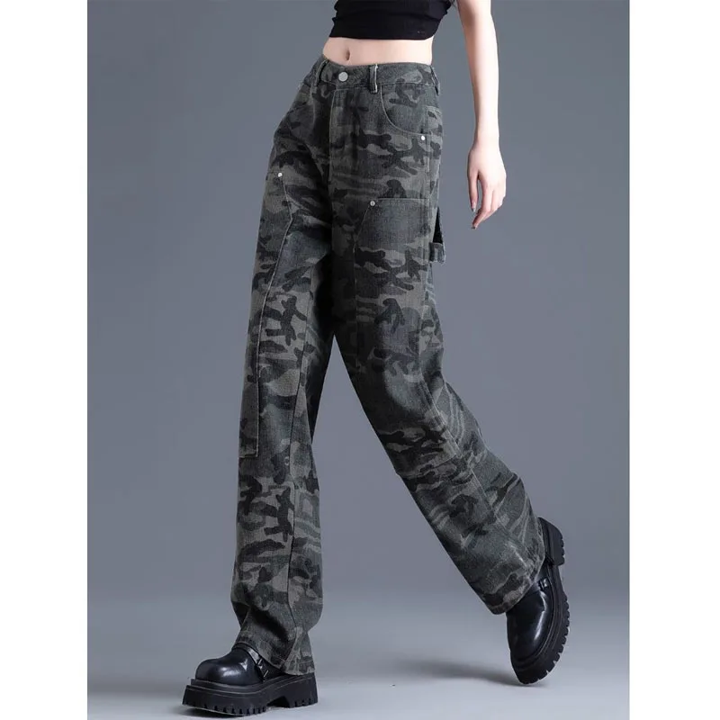 Autumn 2023 Women's Fashion Army Green Camo Work Jeans Loose Relaxed Straight Leg Wide Leg Comfortable Versatile Pants