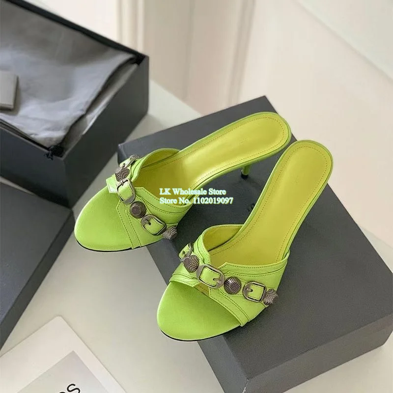 

Women's Slippers Stiletto Sandals Apple Green Pink White Black Mules Modern Slippers Rivet Embellished Buckle Flat Heel 34-43