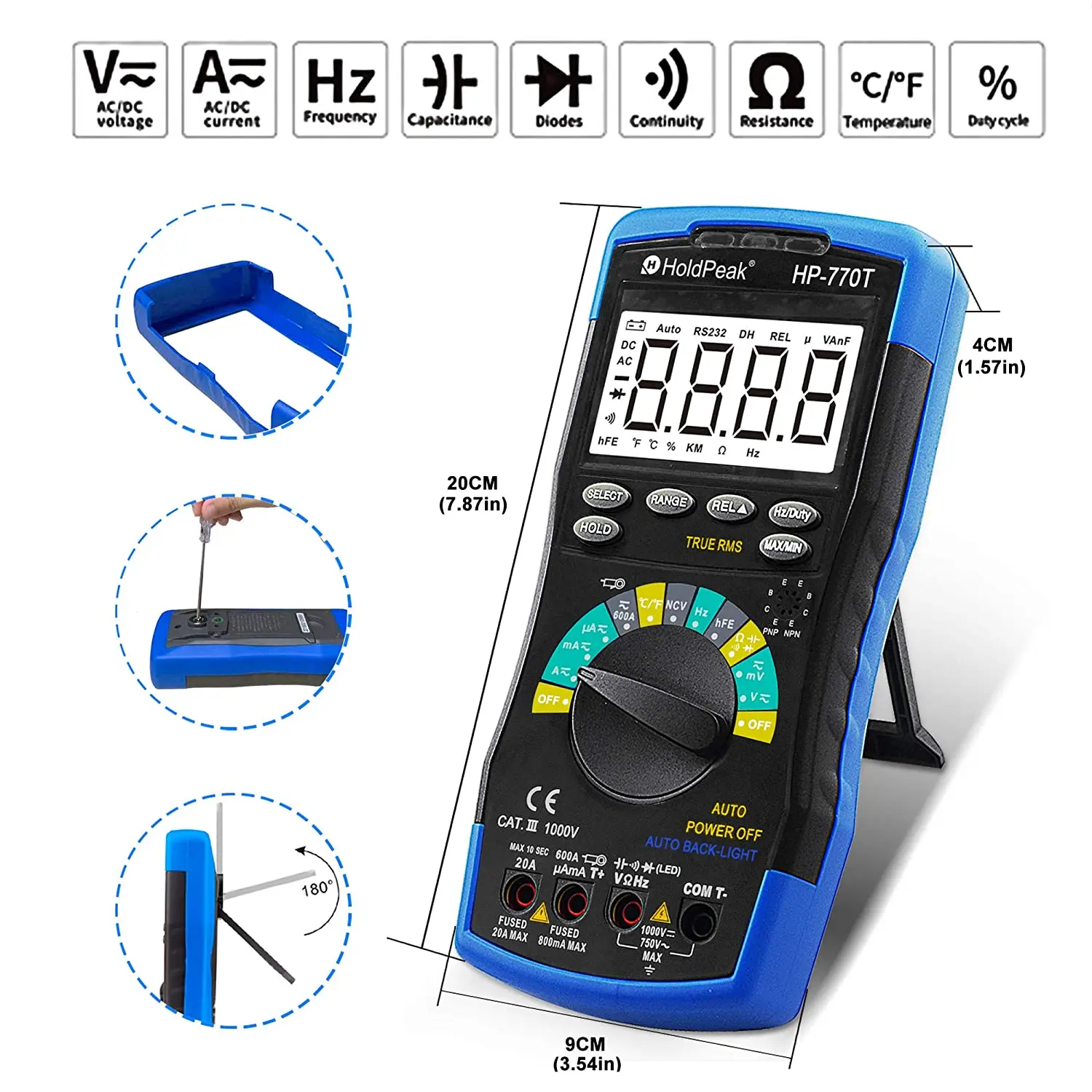 HOLDPEAK 디지털 멀티 미터 6000 카운트 TRMS DMM CATIII 1000V, 자동 범위, 데이터 홀드, NCV, AC/DC Amp Ohm 볼트 미터