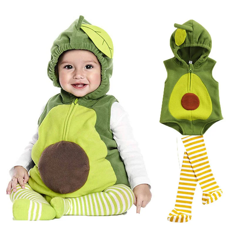 

0-24M Baby Girl Boy Avocado Costume Infant Toddler Hoodie Bodysuit Short Romper Purim Halloween Fancy Dress with Stockings