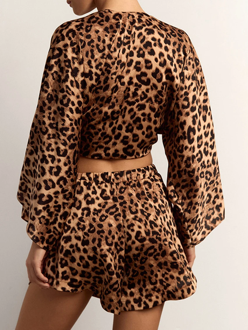 Marthaqiqi Leopard Print Women Sleepwear Set Long Sleeve Pyjama Sexy V-Neck Pajama Tank Tops Nightie Shorts Femme Nightwear Suit