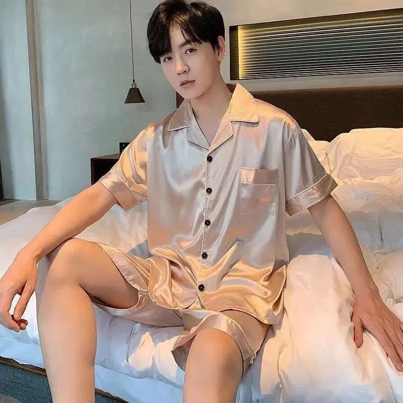 Pajamas Set Silk Pajamas Man Pajamas Set Satin Pajama Set Men Ice Silk Satin Short Sleeve Shirt+Shorts 2Pcs Suit Summer Thin Sleepwear Solid Color Casual Home Clothes